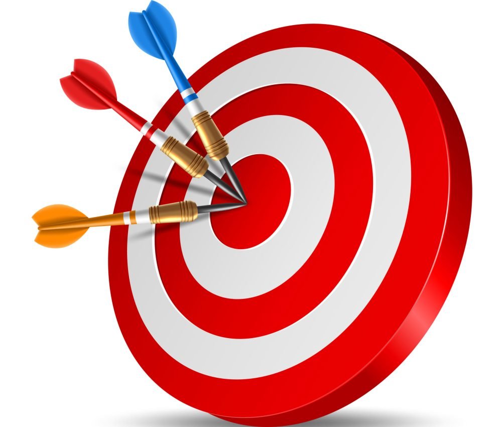 Red dart arrow hitting in the target center of dartboard